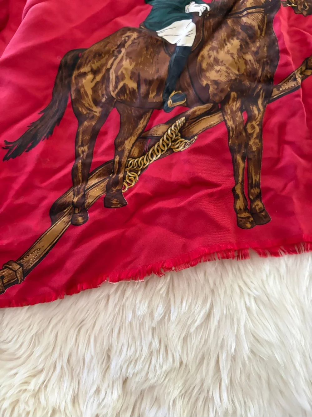 Equestrian Print Red Silk Scarf by Ralph  Lauren Vintage ascot
